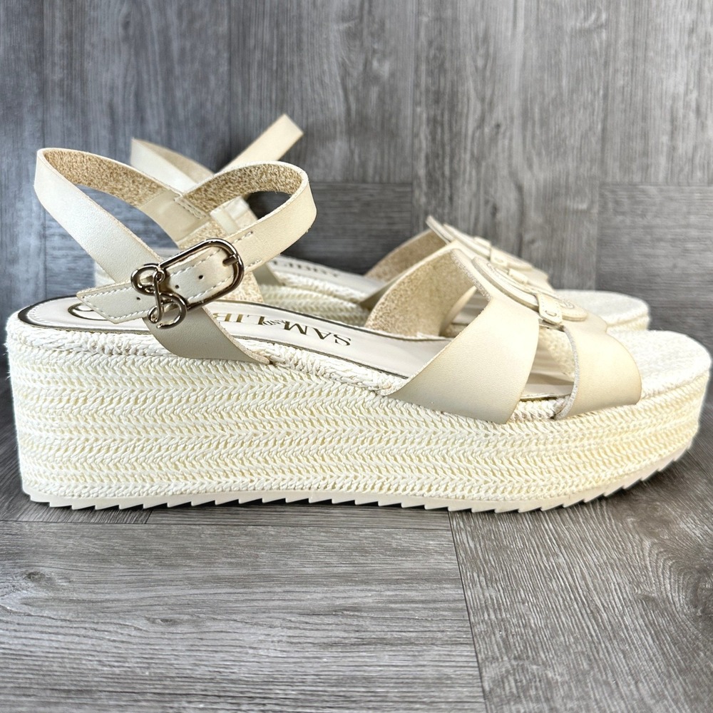Sam Libby Platform Sandals Womens 10 Cream Espadrille Wedge Logo Strappy NEW